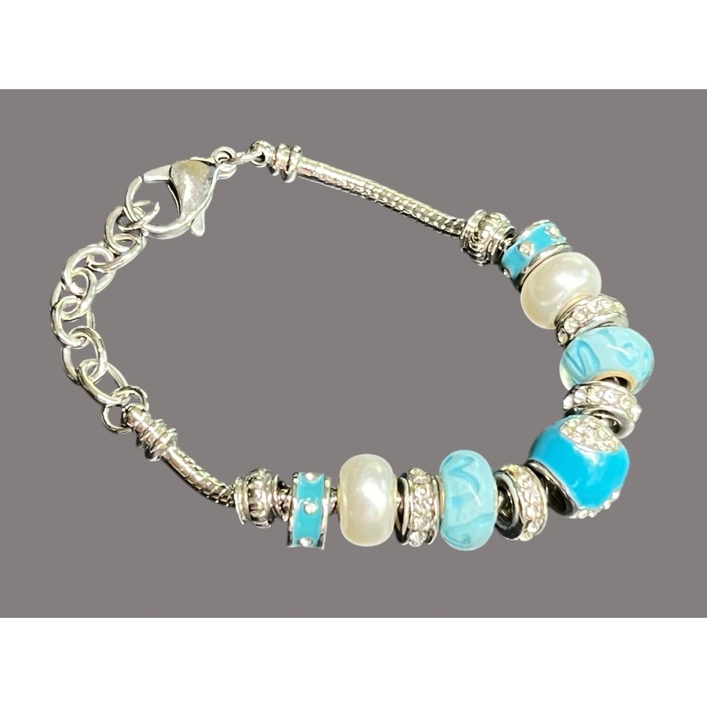 SILVER TONE Snake Chain Cable CHARM BRACELET Silver Tone LIGHT BLUE BEADS Glass